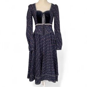 Gunne Sax Dark blue Floral Peplum Midi Dress